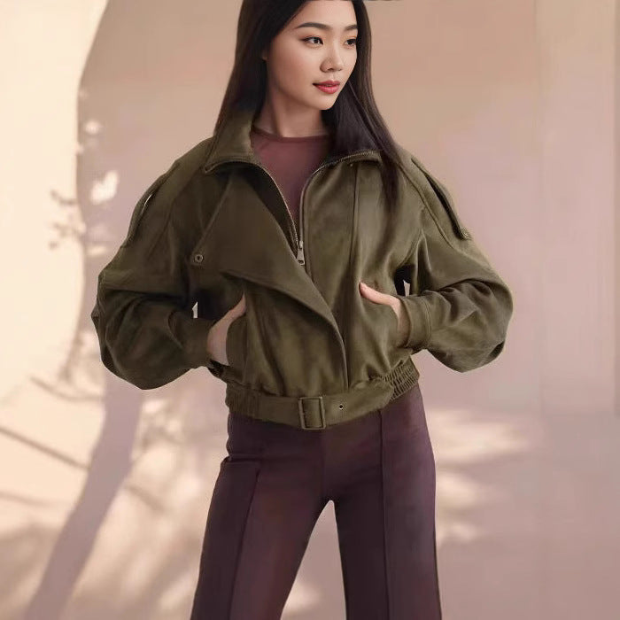 Damen Stilvolle Kurzjacke mit Gürtel und asymmetrischem Schnitt EB