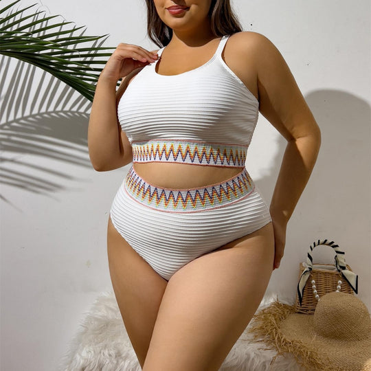 Damen Sportlicher Zweiteiliger Badeanzug mit einzigartigem Cut-Out-Design und buntem Bannermuster EB