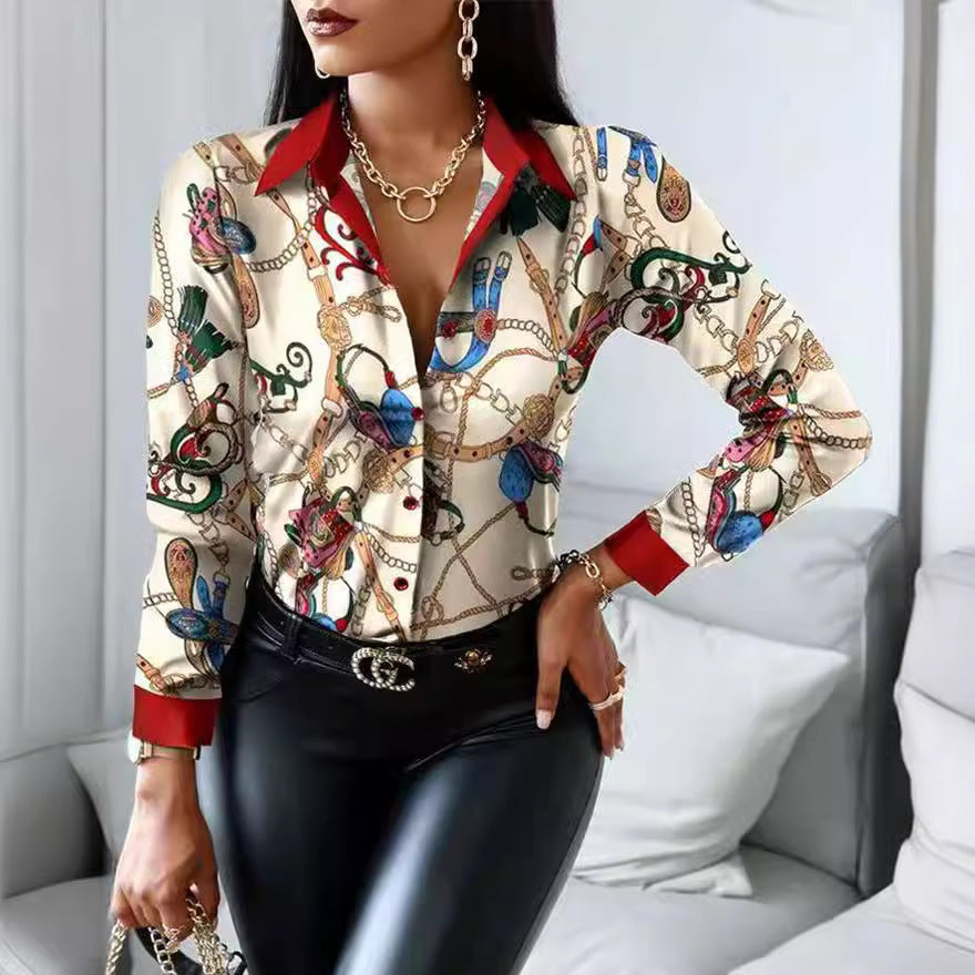 Damen elegante Bluse mit künstlerischem Druck und dekorativen Akzenten EB