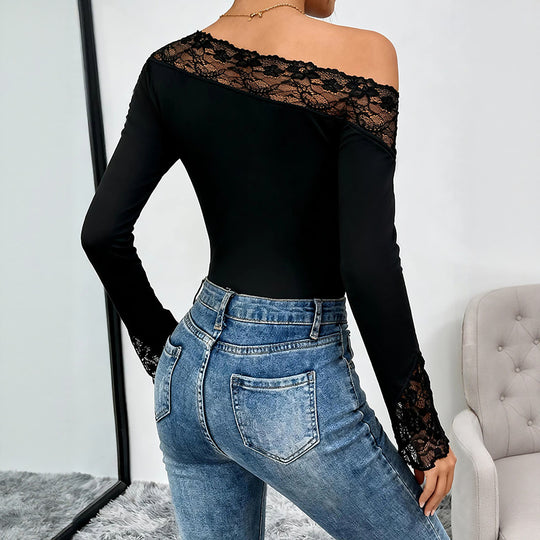 Damen One-Shoulder Langarm-Top mit floraler Spitze und figurbetonter Passform EB