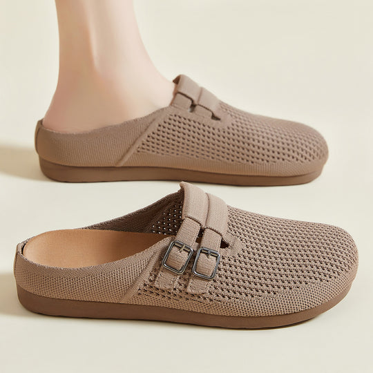 Damen nan gestrickter Clog-Mule mit doppelter Metallschnalle, atmungsaktivem 3D-Strickoberteil und ergonomischem Memory-Fußbett EB