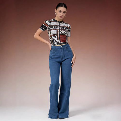 Damen nan hochgeschnittene weich fallende Schlagjeans aus Stretch-Denim mit figurformender Passform EB