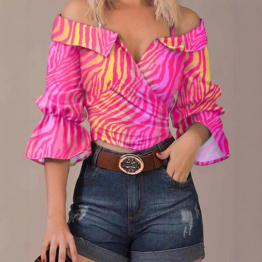 Damen modisches Oberteil mit voluminösen Ärmeln und Patchwork-Design EB