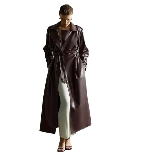 Damen Eleganter Kunstleder-Trenchcoat mit tailliertem Gürtel EB