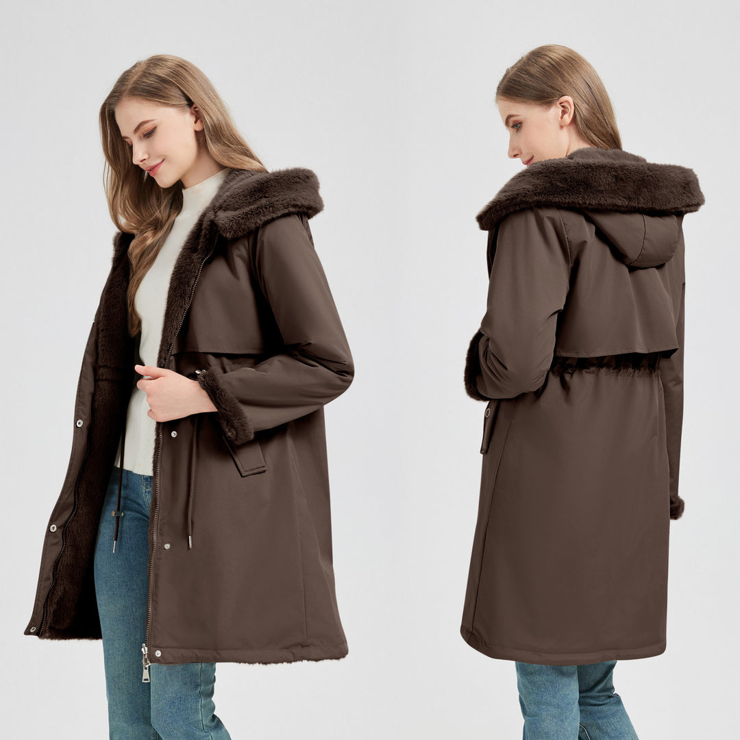 Damen nan langer Parka mit abnehmbarer Kunstfellkapuze und taillenverstellendem Kordelzug EB