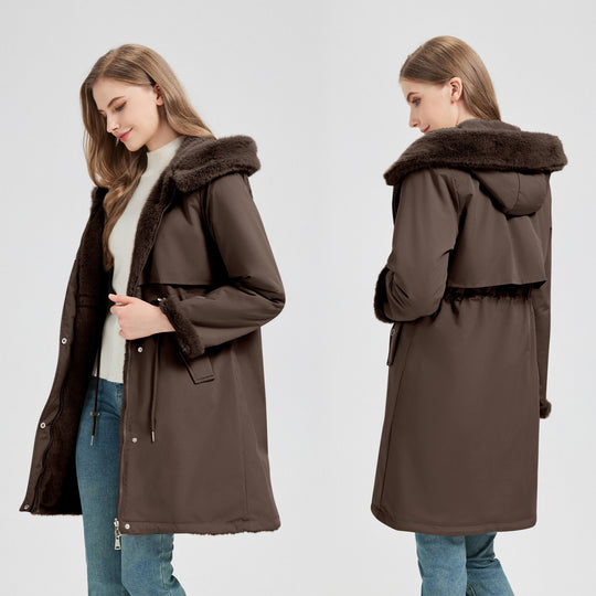 Damen nan langer Parka mit abnehmbarer Kunstfellkapuze und taillenverstellendem Kordelzug EB