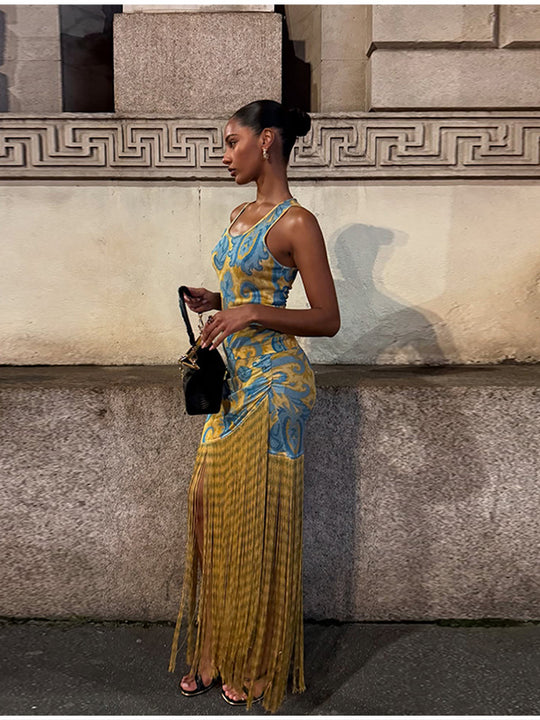 Damen Maxikleid mit Fransen und floralem Design EB