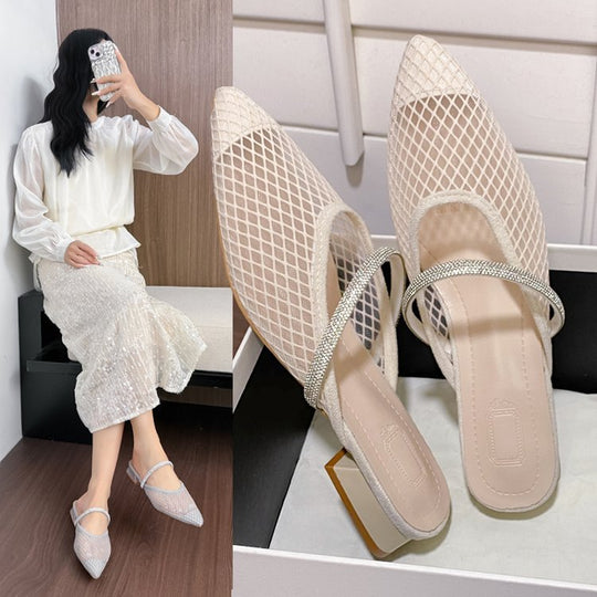 Damen transparente Netz-Mules mit funkelndem Riemen EB