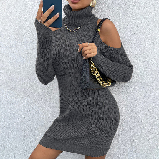 Damen Strickkleid mit offenen Schultern und hohem Kragen EB
