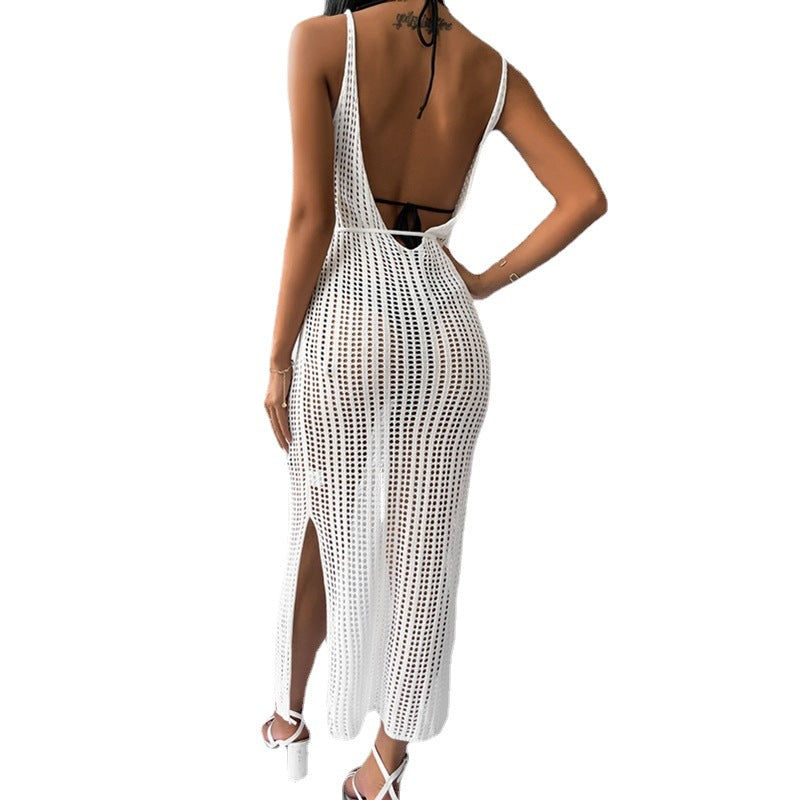 Damen gehäkeltes Maxikleid mit tiefem V-Ausschnitt und seitlichem Schlitz EB