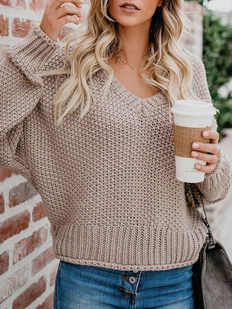 Damen Grobstrickpullover mit V-Ausschnitt und lässiger Passform EB