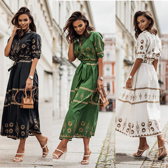 Damen Hemdblusenkleid mit elegantem Muster und tailliertem Gürtel EB