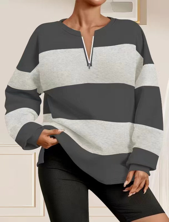 Damen modischer Sweatpullover mit Reißverschluss und gestreiftem Design EB
