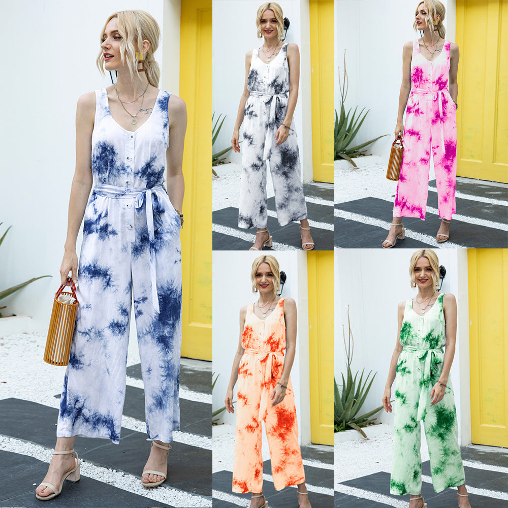 Damen lässiger Jumpsuit mit modischem Bindegürtel und Knopfleiste EB