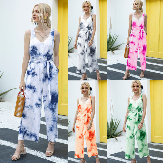 Damen lässiger Jumpsuit mit modischem Bindegürtel und Knopfleiste EB