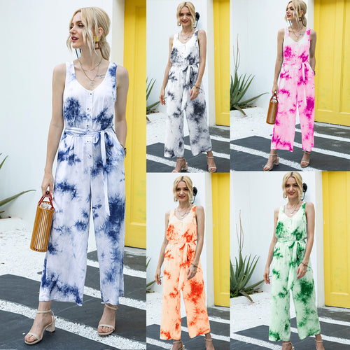 Damen lässiger Jumpsuit mit modischem Bindegürtel und Knopfleiste EB