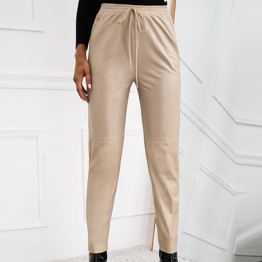 Damen modische Kunstlederhose mit elastischem Bund und seitlichen Taschen EB