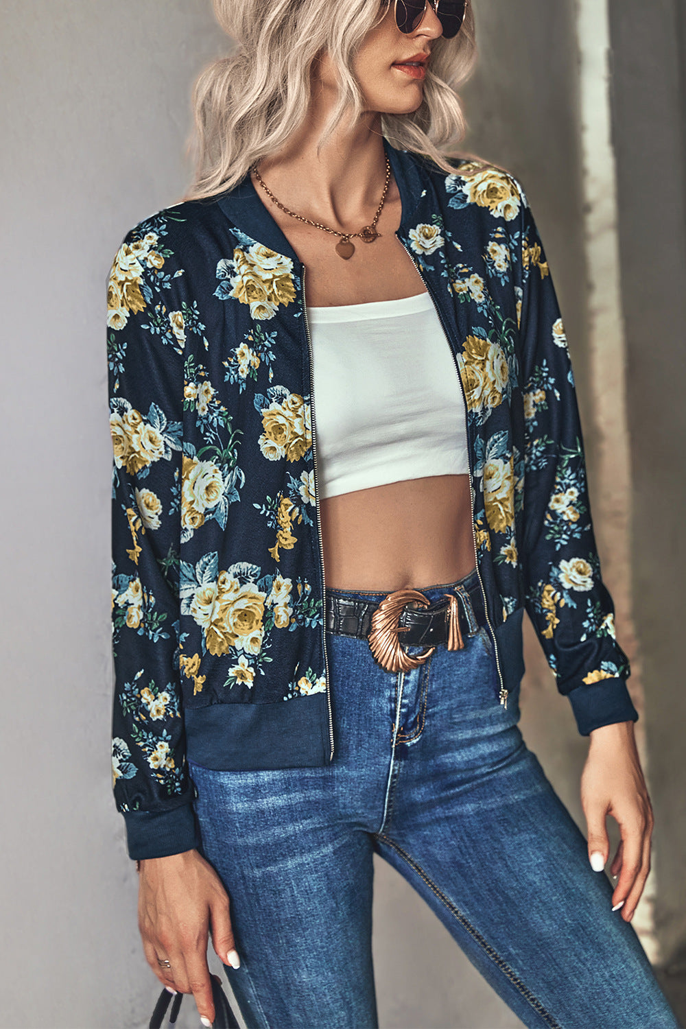 Damen Blütenmuster Freizeitjacke mit Reißverschluss und elastischen Bündchen EB