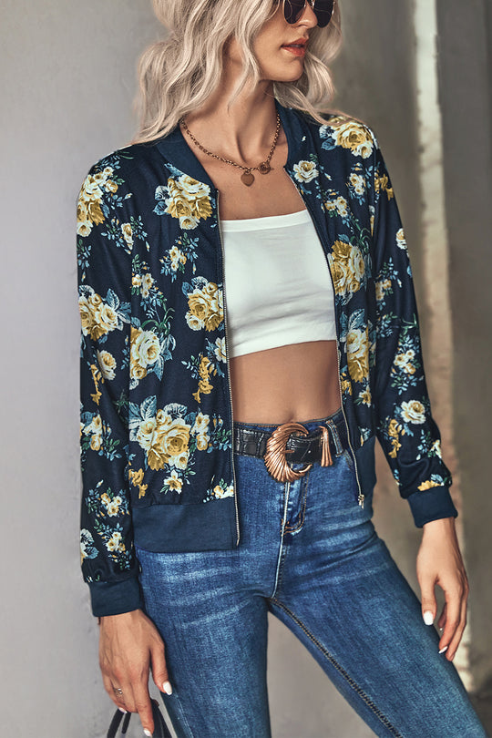 Damen Blütenmuster Freizeitjacke mit Reißverschluss und elastischen Bündchen EB