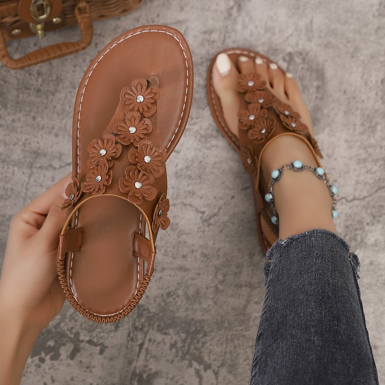 Damen Zehentrenner-Sandalen mit eleganten Blumenapplikationen und komfortablem Fußbett EB