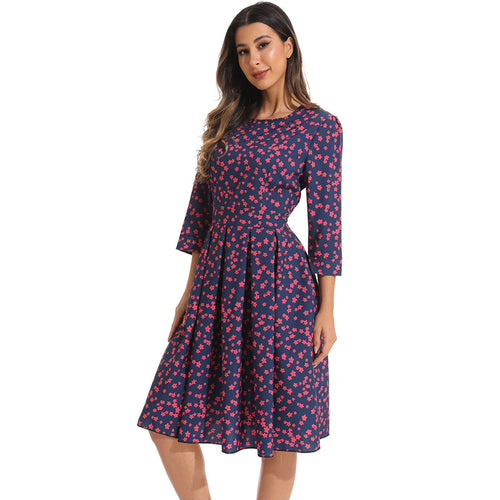 Damen elegantes Midikleid mit floralem Muster und schwingendem Rock EB