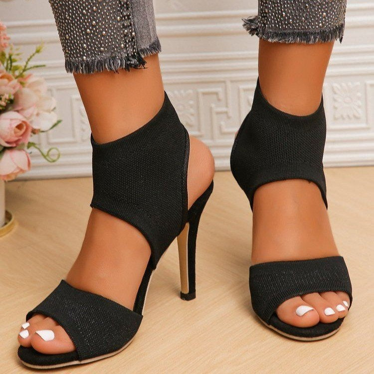 Damen High-Heel Sandalen mit elastischem Knöchelbereich und geschwungenem Design EB