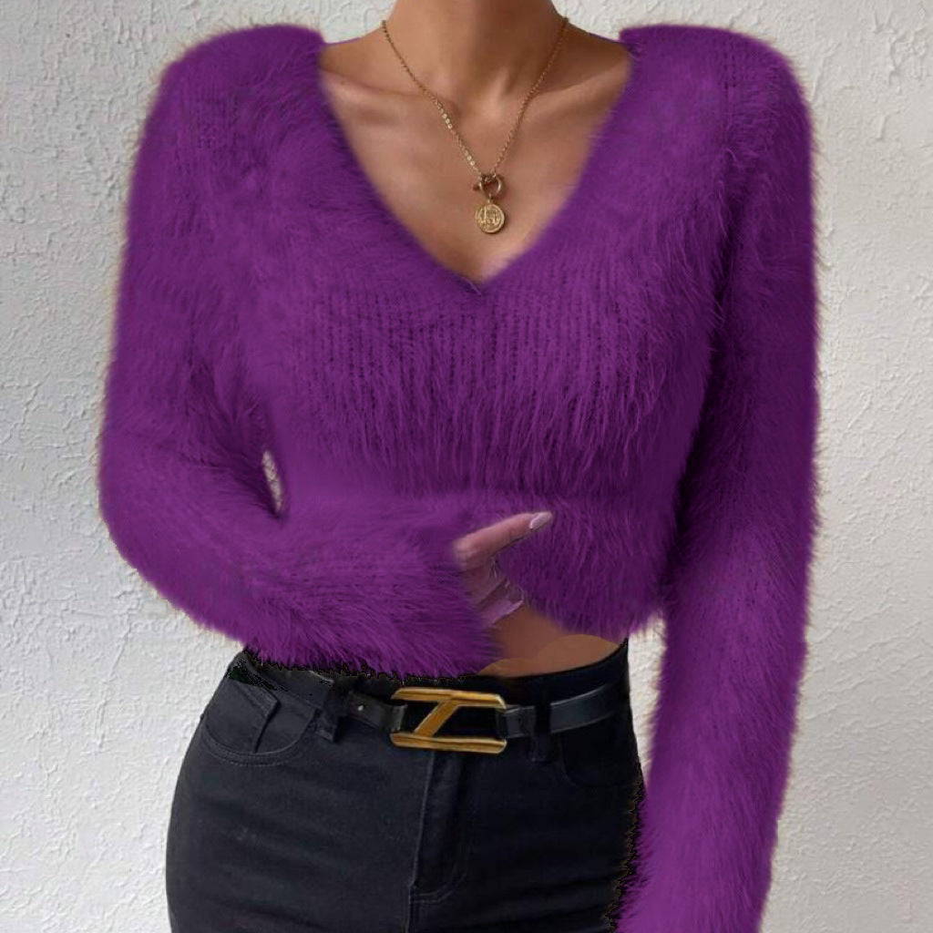 Damen Flauschiger Crop-Pullover mit V-Ausschnitt und Eyelash-Struktur EB