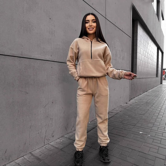 Damen sportliches Fleece-Set mit halbhohem Reißverschluss Kapuzenhoodie und lässiger Jogginghose EB