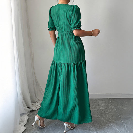Damen Maxi-Jumpsuit mit gerafften Ärmeln und schwingendem Rock EB