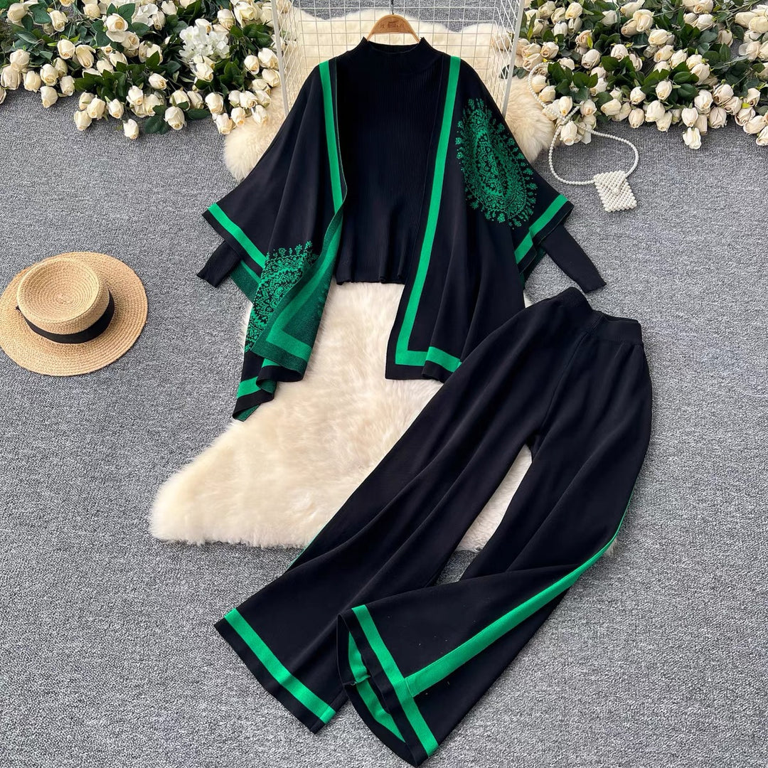 Damen lässiges Strickensemble mit langen Ärmeln und weitem Bein EB