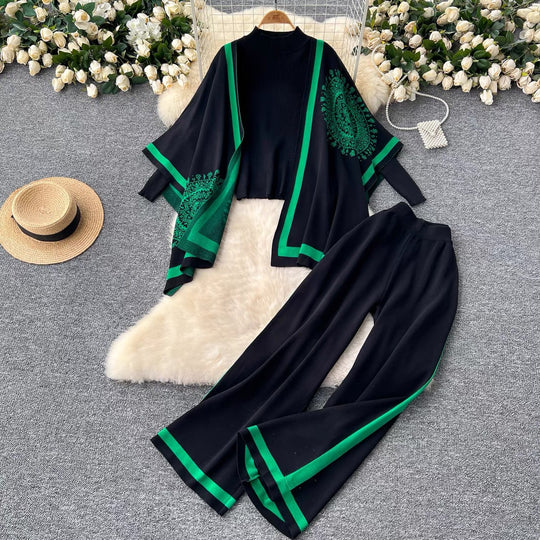 Damen lässiges Strickensemble mit langen Ärmeln und weitem Bein EB