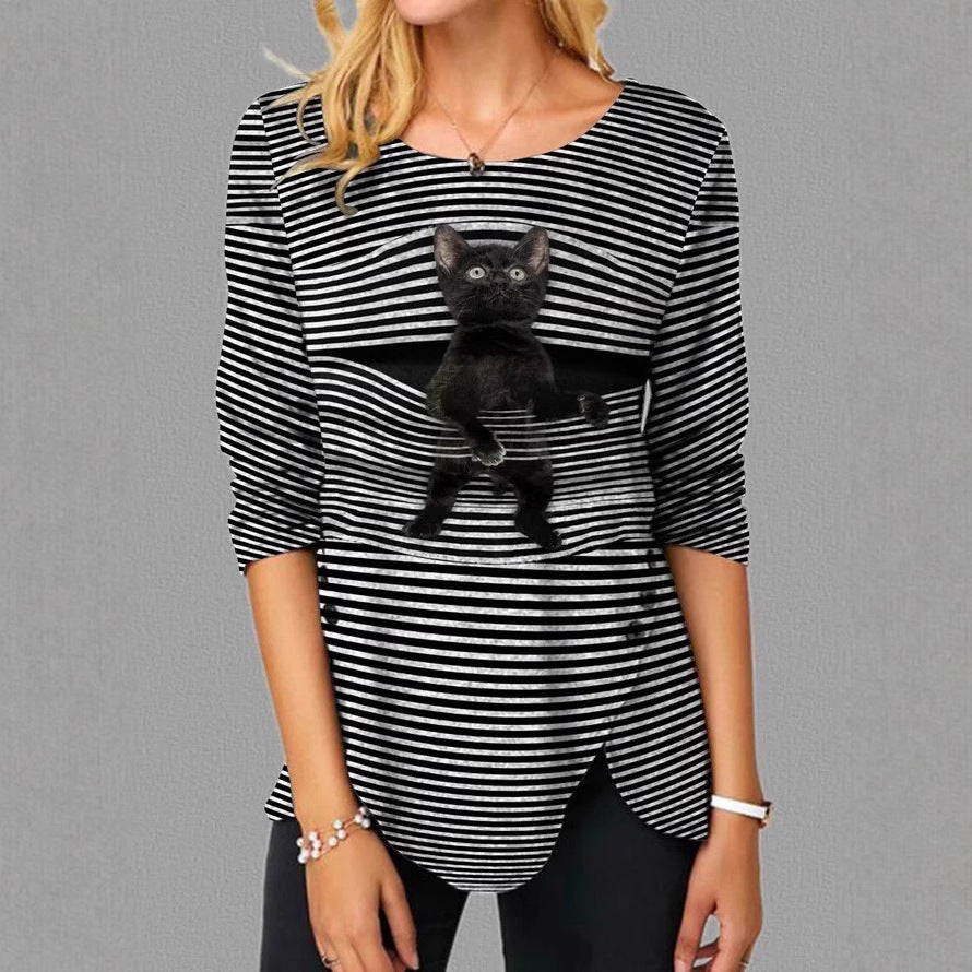 Damen lässige T-Shirt mit Katzenmotiv EB