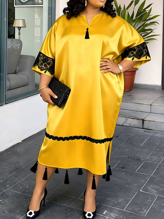 Damen elegantes Kaftankleid mit raffinierten Spitzenärmel und dekorativen Quasten EB