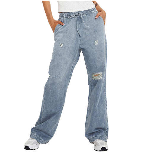 Damen Weite Denim-Hose mit modischen Ripped-Details und elastischem Bund EB