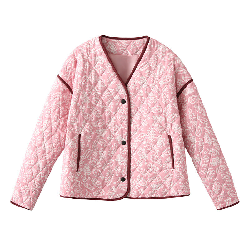 Damen gesteppte Herbstjacke mit einzigartigem floralen Muster und praktischen Taschen EB