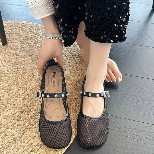 Damen Ballerinas mit dekorativem Netzdesign und funkelndem Riemen EB