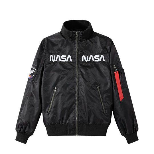 Men's  space-inspired insulated zip-front utility jacket with embroidered chest patches EB