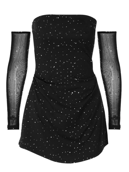 Damen Strapless Minikleid mit funkelnden Applikationen und transparenten Ärmeln EB