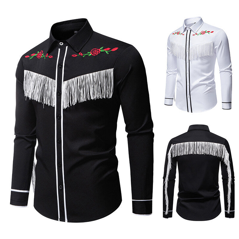 Herren elegante Westernbluse mit Fransen und bestickten Motiven EB