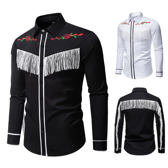 Herren elegante Westernbluse mit Fransen und bestickten Motiven EB