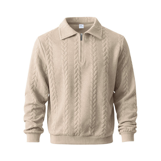 Herren nan strukturierter Strickpullover mit halbem Reißverschluss, Polokragen und Zopfmuster EB