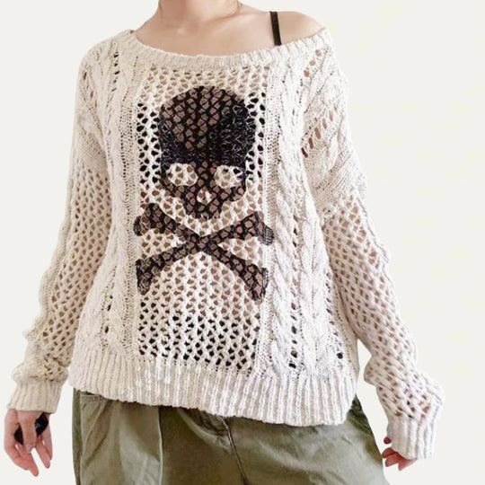 Damen Oversized Strickpullover mit kreativem Lochmuster und Anker-Design EB
