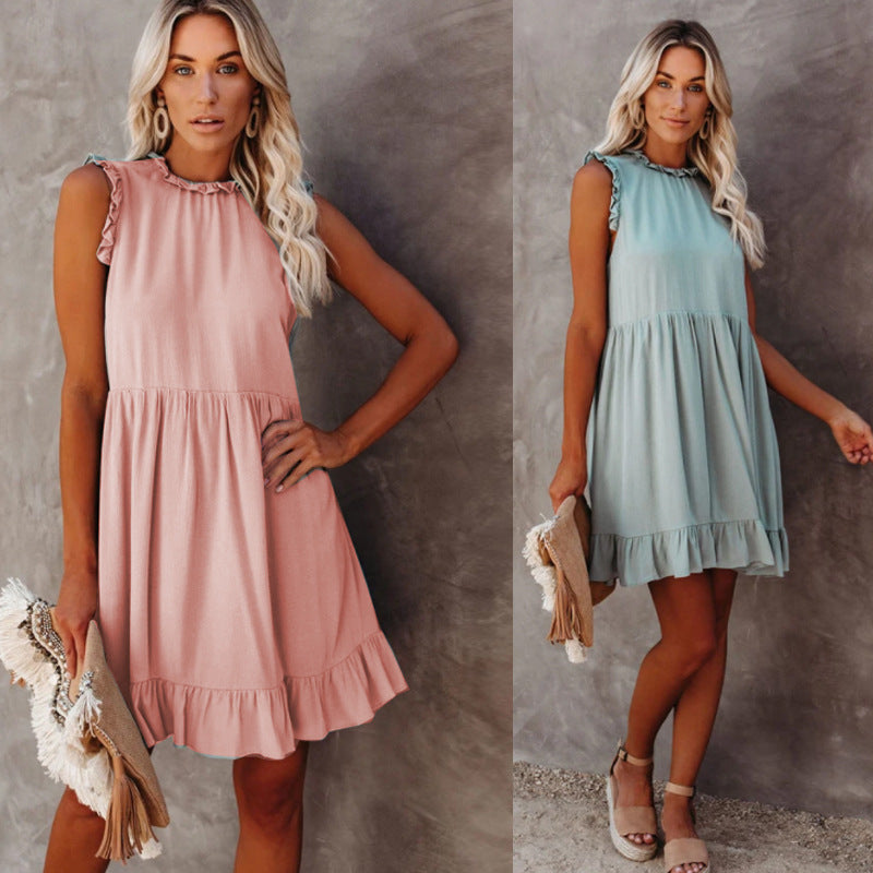 Damen lässiges Rüschendetails Kleid mit hohem Kragen EB