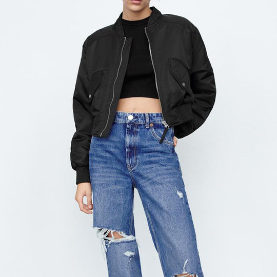 Damen modische cropped Bomberjacke mit praktischen Taschen und elastischen Bündchen EB