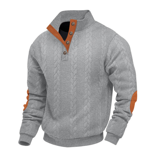 Herren nan strukturiertes Kabelstrick-Henley-Pullover mit Stehkragen und Ellbogenpatches EB