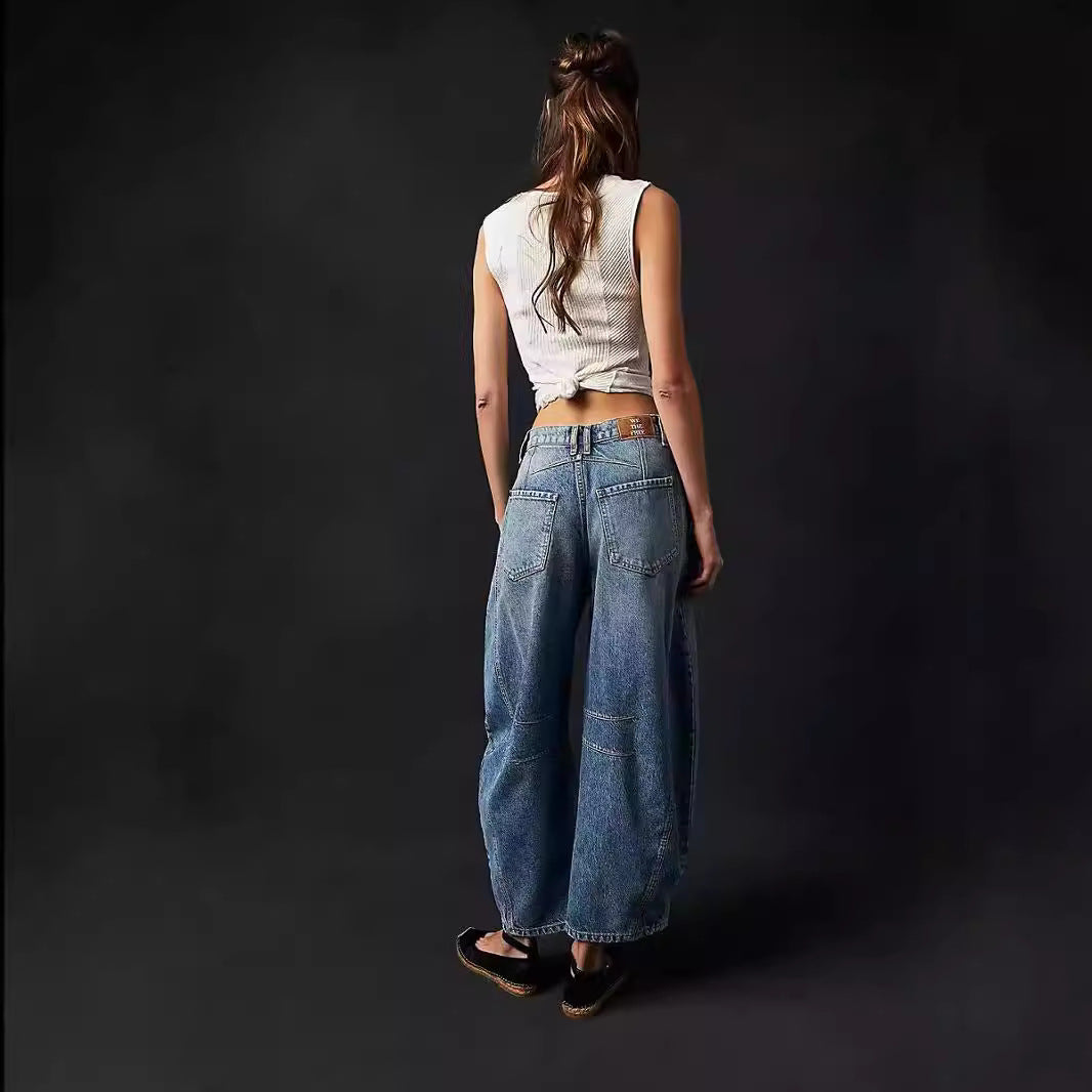 Damen Weite Denim-Hose mit hohem Bund und lässigen Details EB