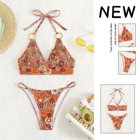Damen Triangel-Bikini mit Ringen und floralem Design EB