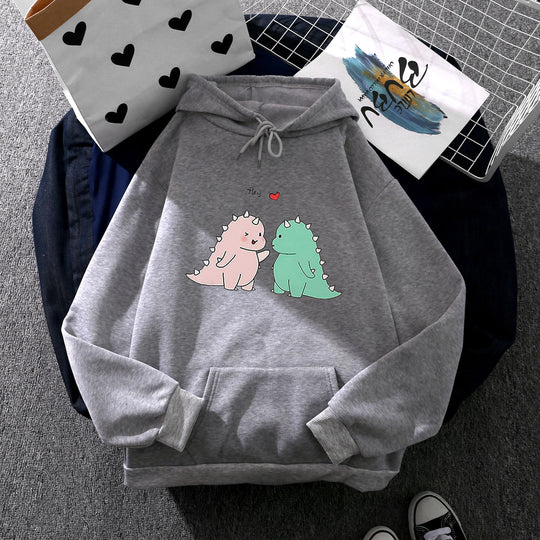 Damen nan Kapuzenpullover mit niedlicher Dinosaurierpärchen‑Illustration, Oversize‑Schnitt und Kängurutasche EB