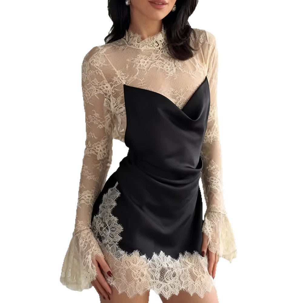 Damen Chiffon Abendkleid mit eleganten Spitzendetails und schwingenden Ärmeln EB
