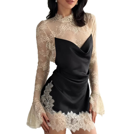 Damen Chiffon Abendkleid mit eleganten Spitzendetails und schwingenden Ärmeln EB
